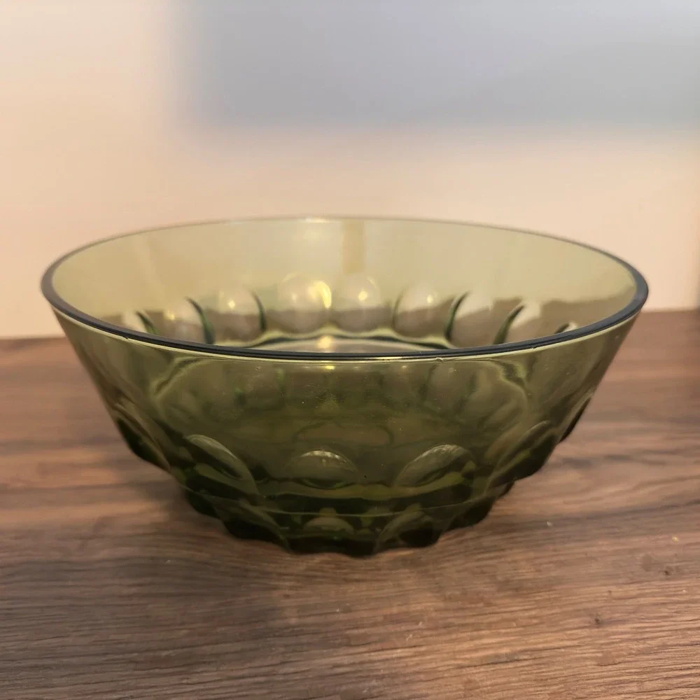 Vintage Avocado Green Glass Serving Bowl Mid Century Teardrop Panel 9